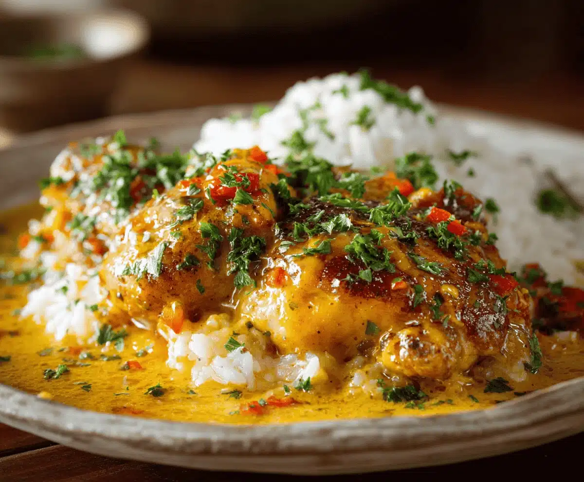 Plate of Chicken Mozambique served over white rice with saffron sauce and parsley garnish