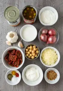 Ingredients for Marry Me Chick Pea laid out on table