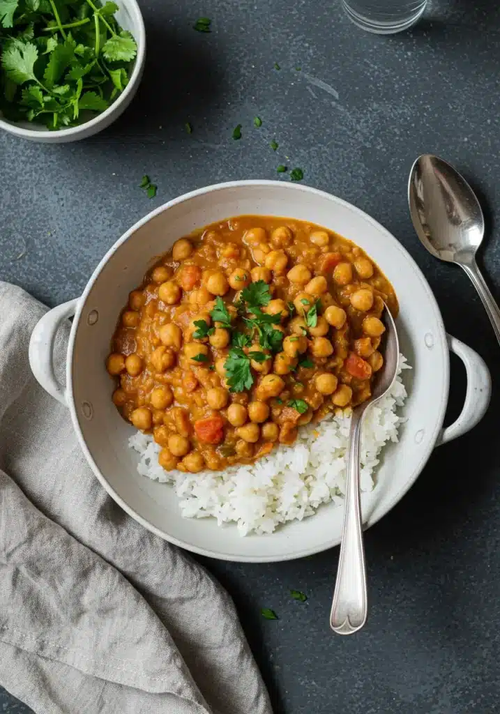 Bowl of Marry Me Chick Pea over rice with garnish