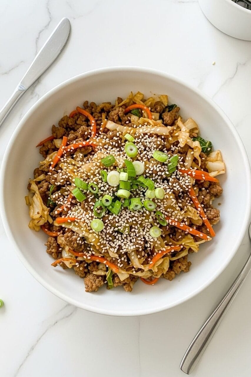 Top-down view of a keto egg roll in a bowl with cabbage, pork, green onions, and sesame seeds in a white ceramic bowl on a marble kitchen counter.