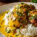 Plate of recipe Chicken Mozambique served over white rice with saffron sauce and parsley garnish
