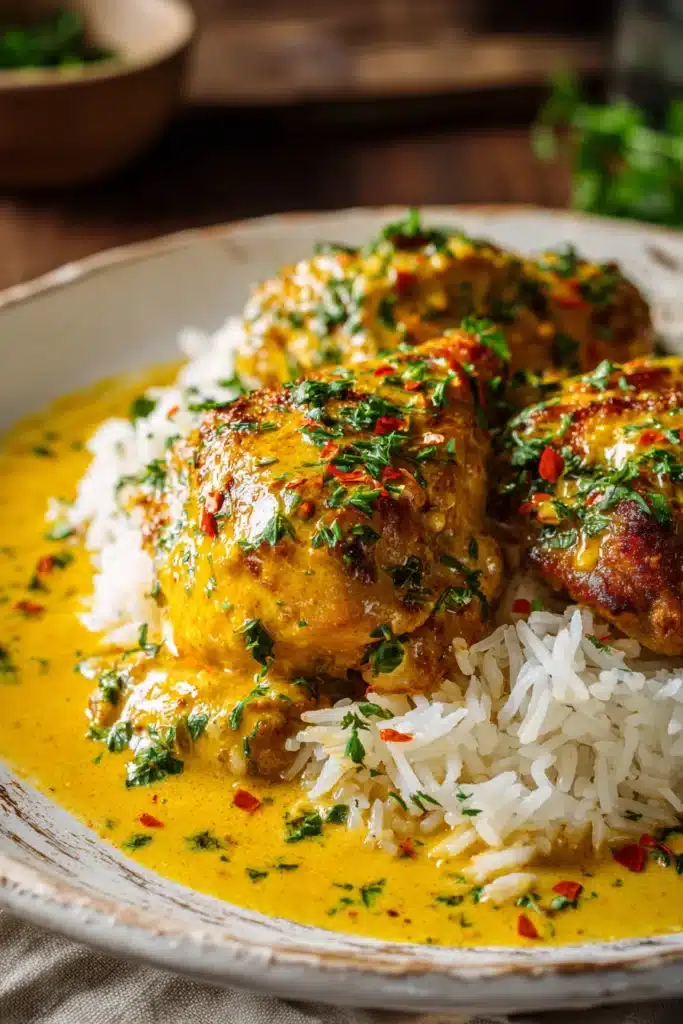 Plate of recipe Chicken Mozambique served over white rice with saffron sauce and parsley garnish