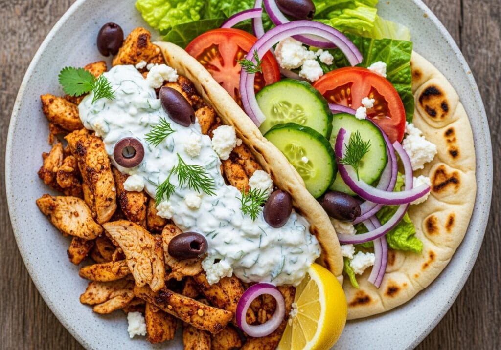 Top-down view of Mediterranean Chicken Gyros on a rustic plate with pita, grilled chicken, lettuce, tomato, onion, and tzatziki sauce