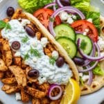 Top-down view of Mediterranean Chicken Gyros on a rustic plate with pita, grilled chicken, lettuce, tomato, onion, and tzatziki sauce