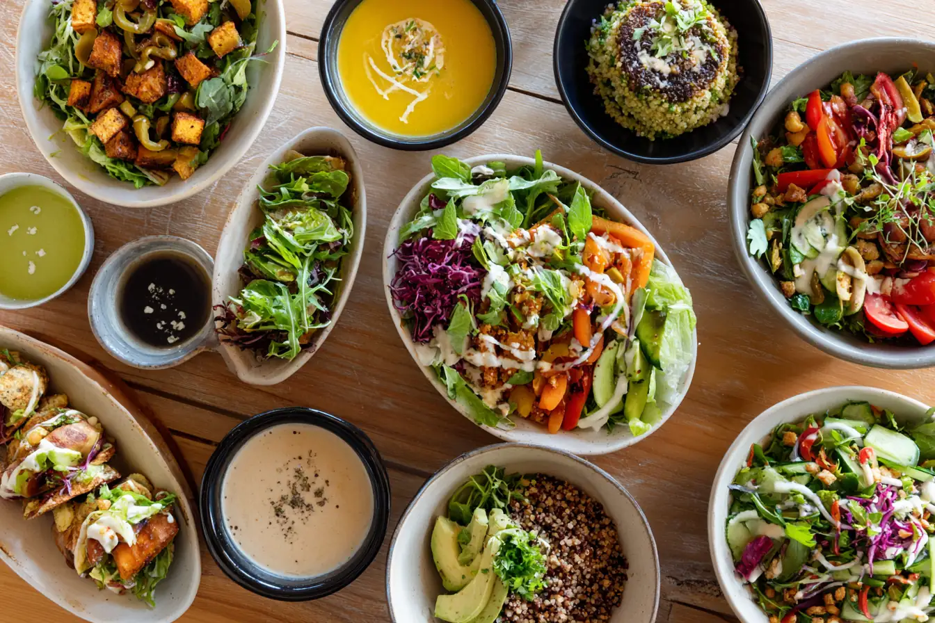 Gluten-free lunch spread with salads, wraps, bowls, and soups