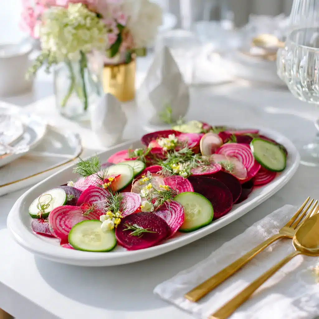 Served cucumber beet salad on a large platter