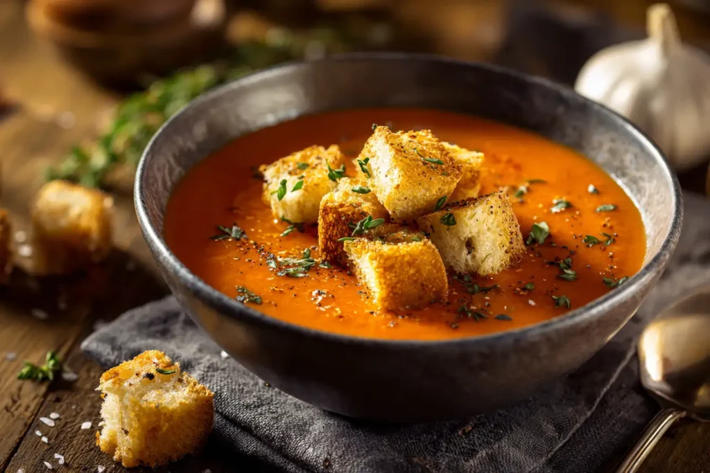 Gluten free tomato soup with croutons