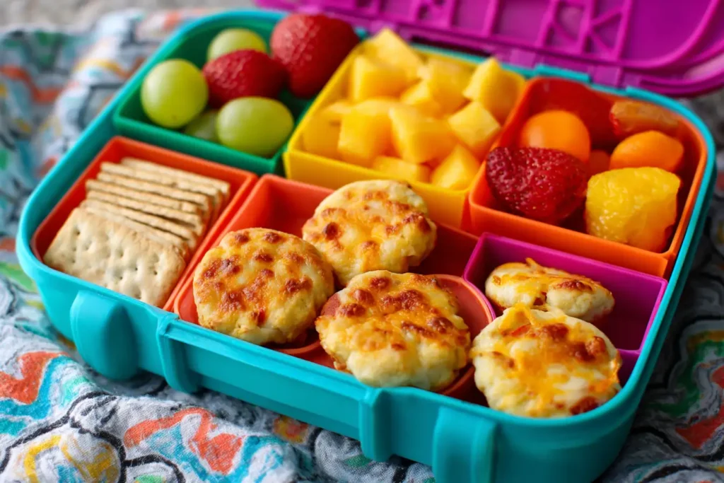 Gluten free kid-friendly lunchbox with pizza muffins and fruit