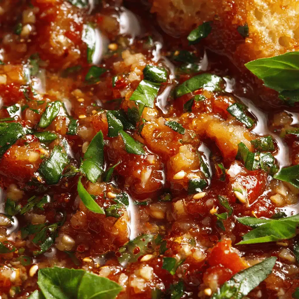 Close-up of chunky tomato bruschetta dip