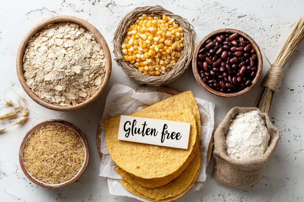 Gluten free foods including oats, rice, beans, and corn tortillas