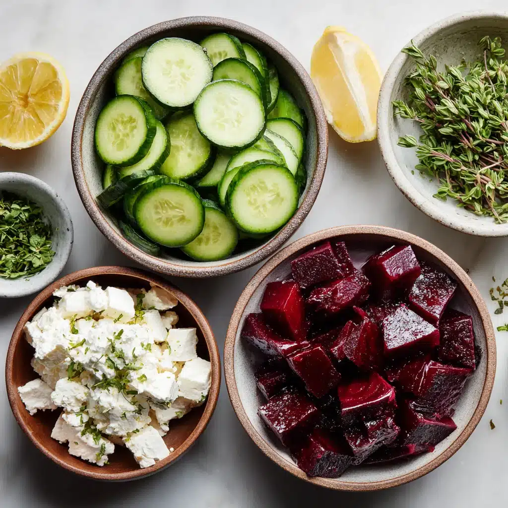 Ingredients laid out for making cucumber beet salad