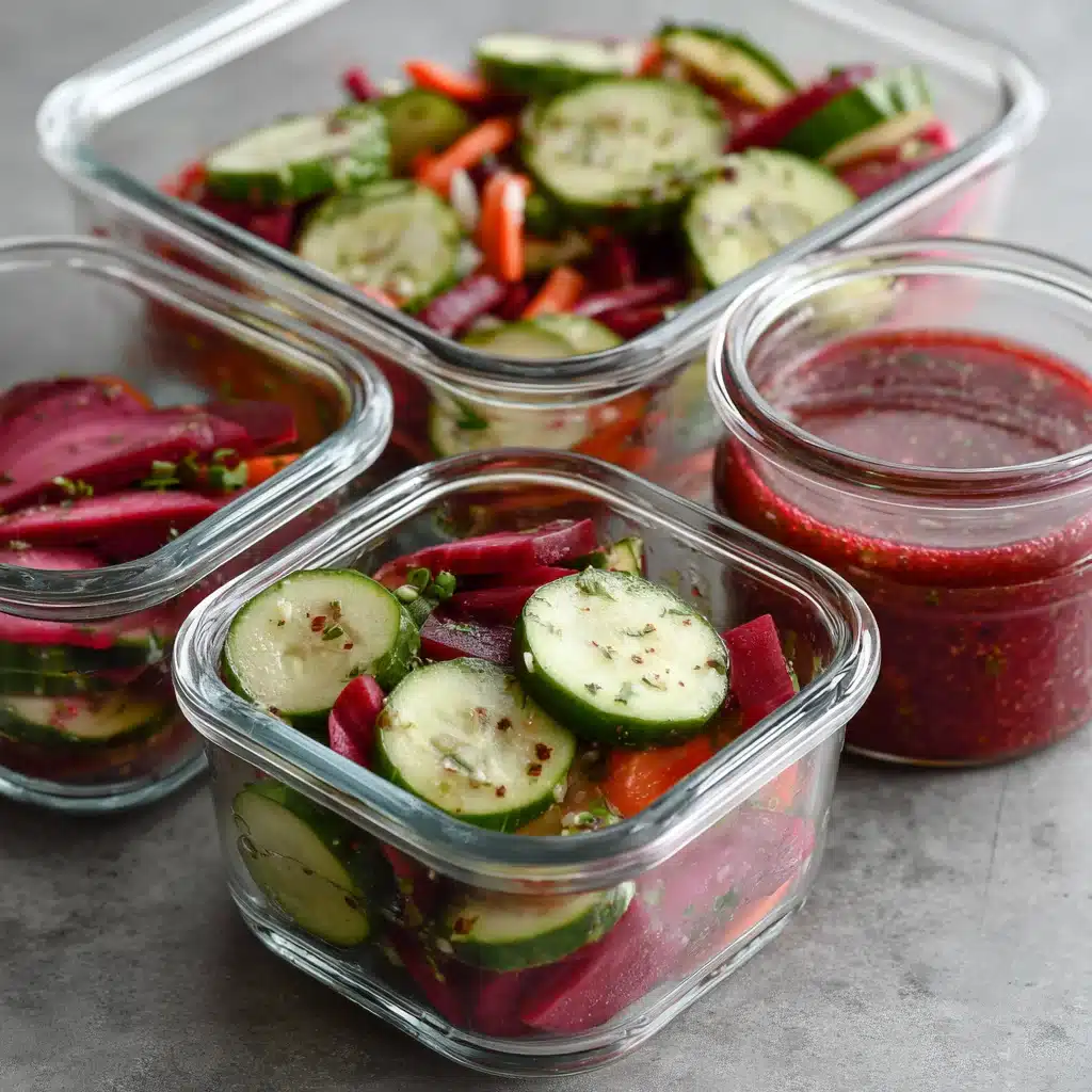 Stored cucumber beet salad in meal prep containers