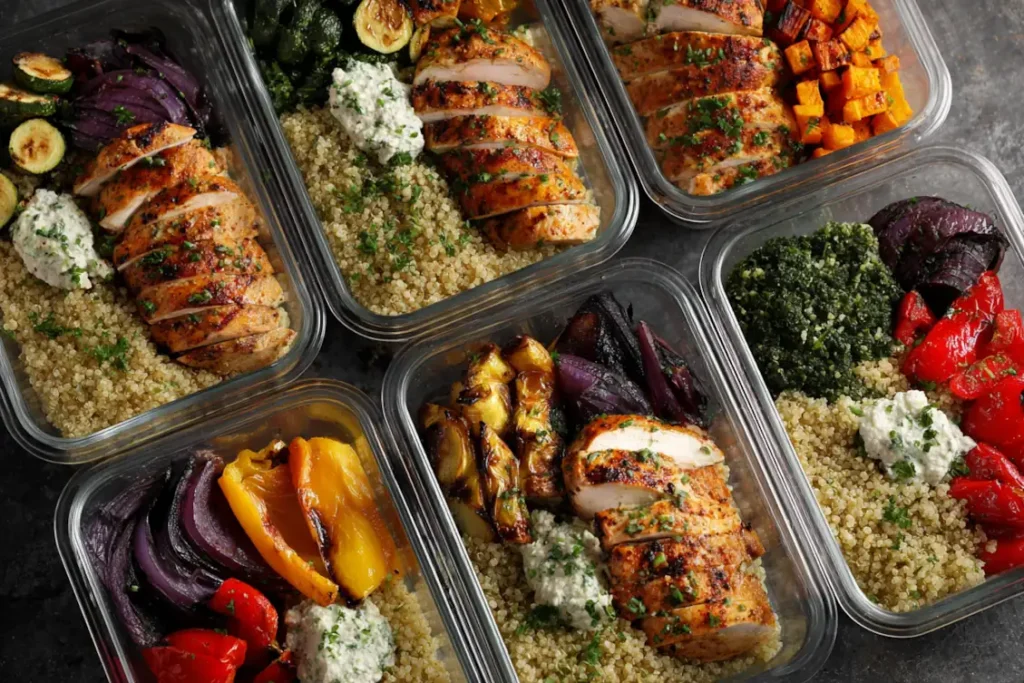 Gluten free meal prep with quinoa, vegetables, and chicken