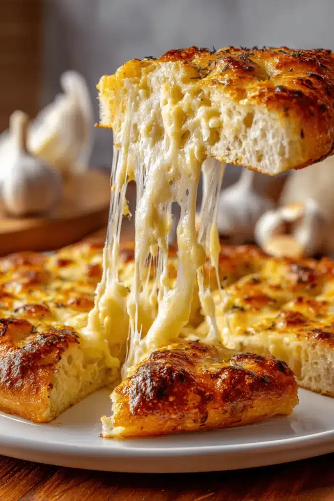 Melted cheese stretches as garlic parmesan focaccia is pulled apart.
