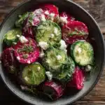 Colorful cucumber beet salad with feta and herbs on a rustic table
