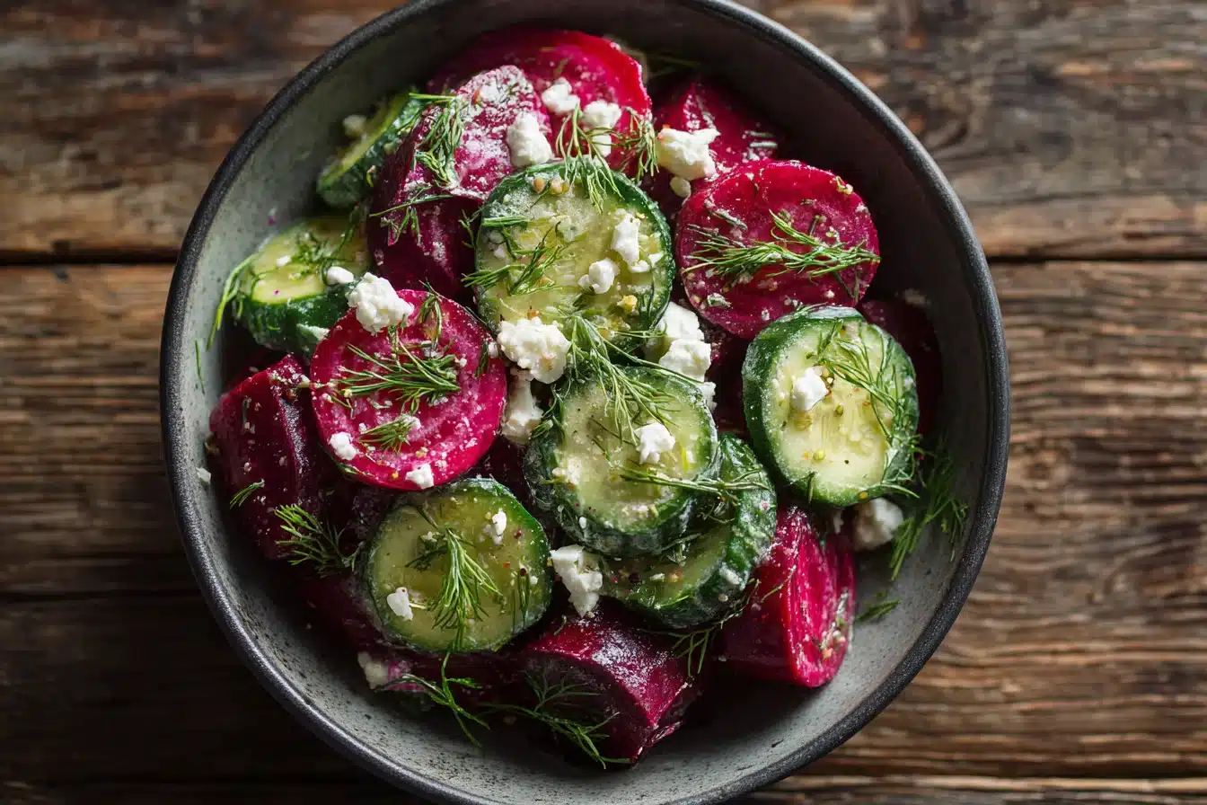 Colorful cucumber beet salad with feta and herbs on a rustic table