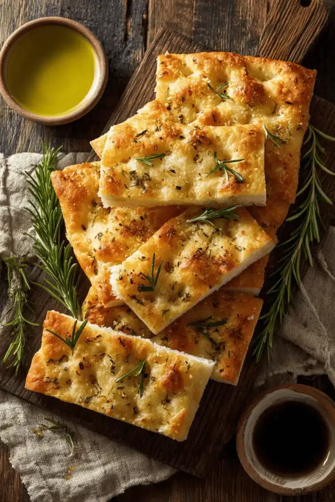 Sliced garlic parmesan focaccia bread with herbs and dipping oil on a wooden board.