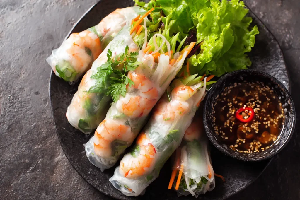 Gluten free Vietnamese rice paper rolls with shrimp and vegetables