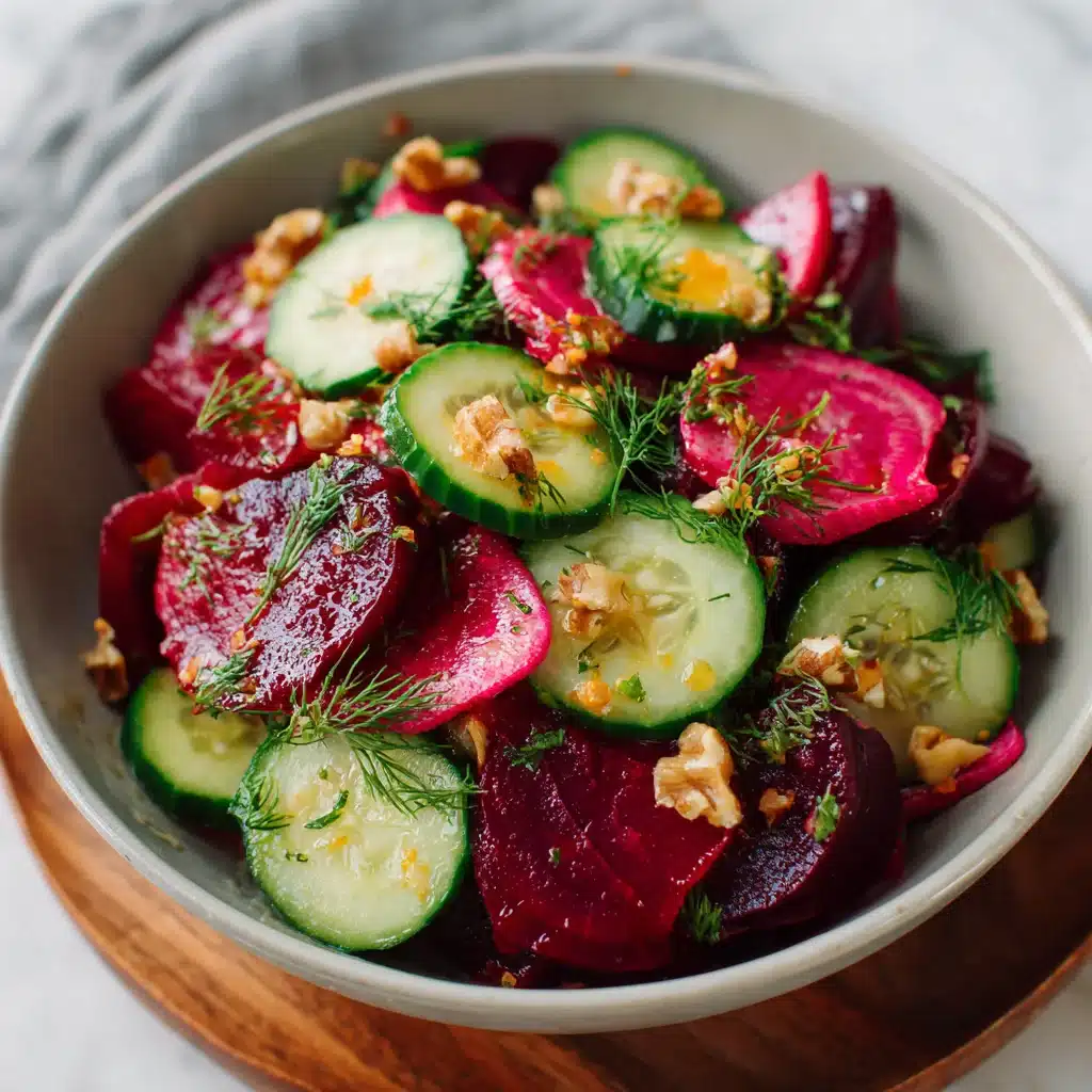 Colorful cucumber beet salad with feta and herbs on a rustic table