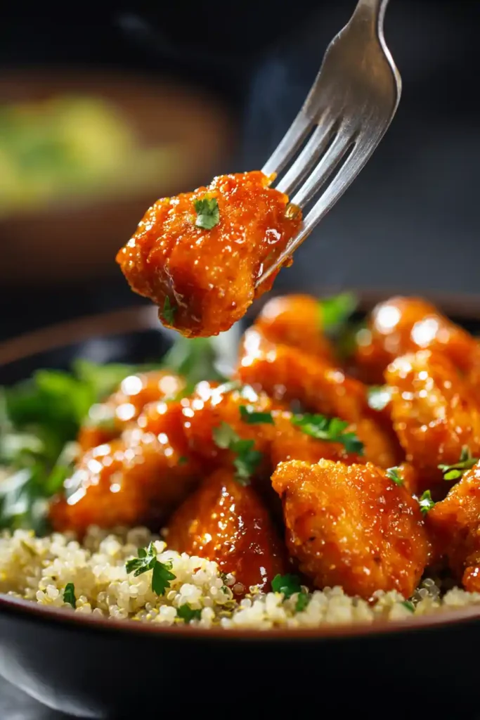 Close-up of buffalo chicken coated in glossy orange sauce served with vegetables.