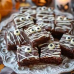 Spooky mummy brownies decorated with white frosting and candy eyes for Halloween.