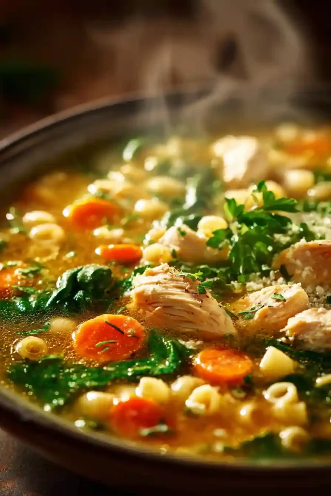 Close-up of steaming Italian Penicillin Soup with chicken, pasta, carrots, and spinach.