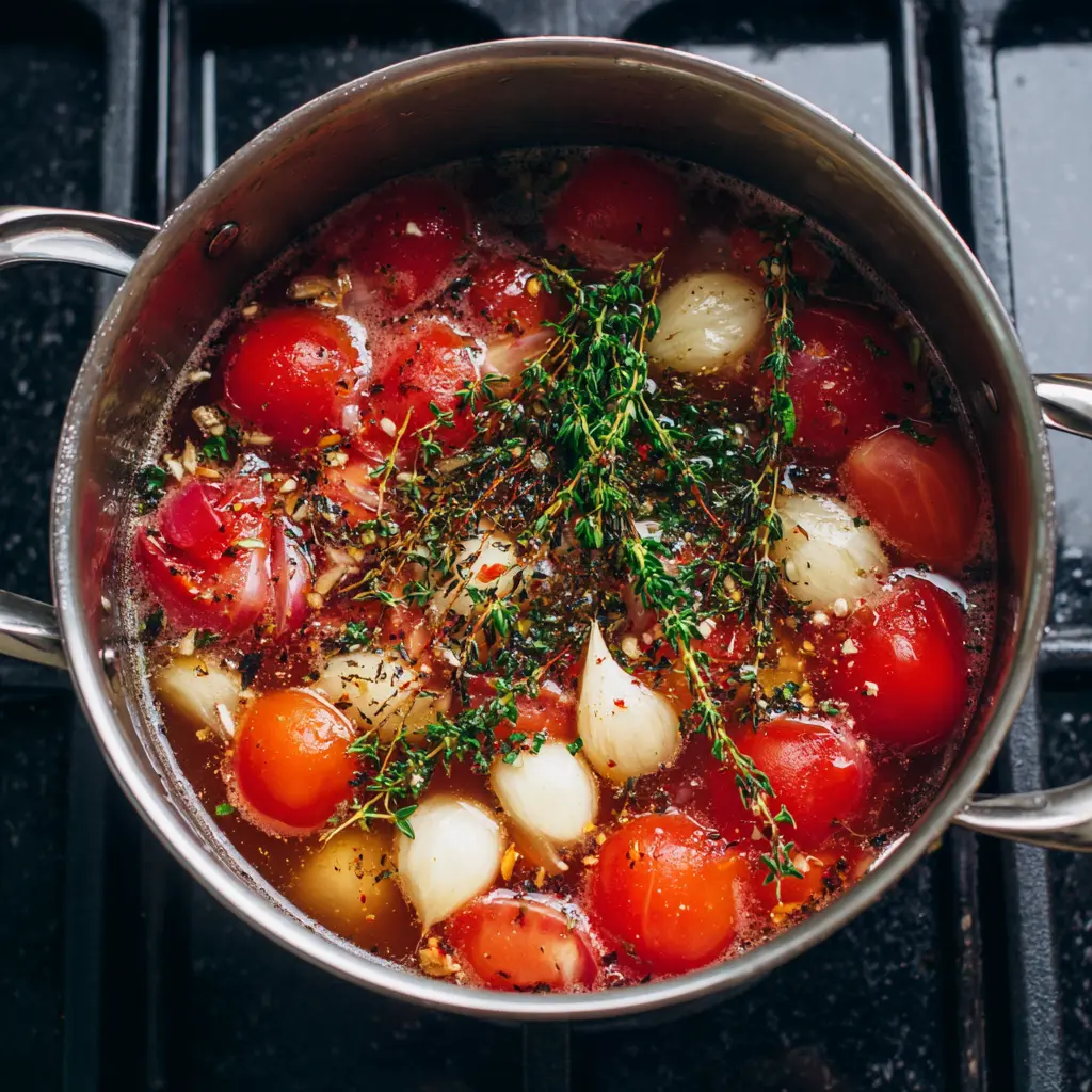 Tomato soup ingredients simmering in a pot
