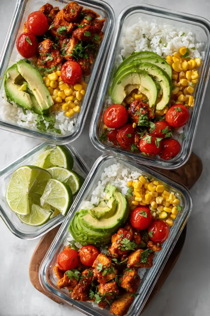 Meal prep containers filled with buffalo chicken, rice, avocado, and vegetables.
