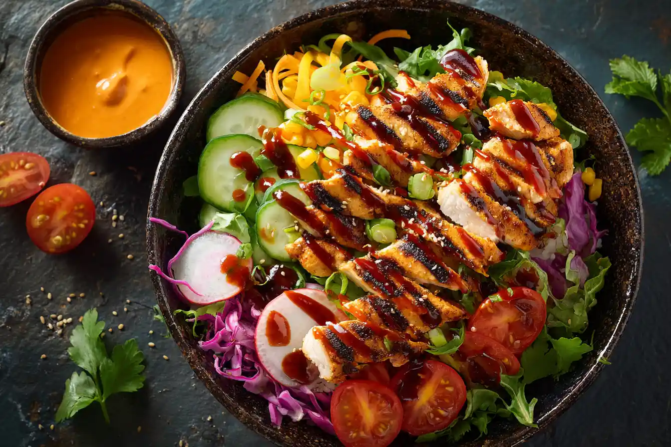 Overhead view of a Buffalo Chicken Bowl with rice, avocado, corn, cherry tomatoes, and buffalo chicken.