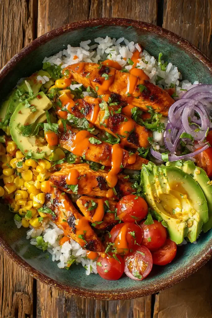 Overhead view of a Buffalo Chicken Bowl with rice, avocado, corn, cherry tomatoes, and buffalo chicken.