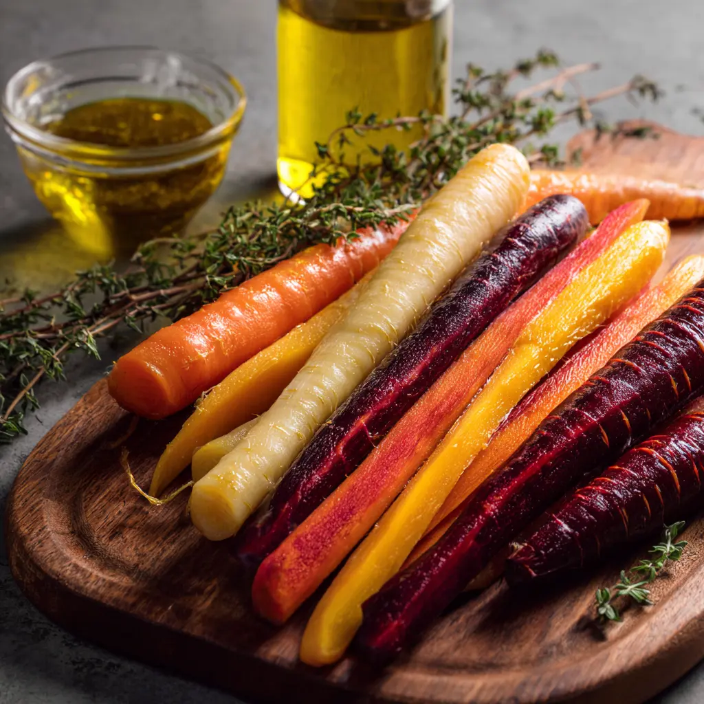 Chopped rainbow carrots with olive oil and herbs