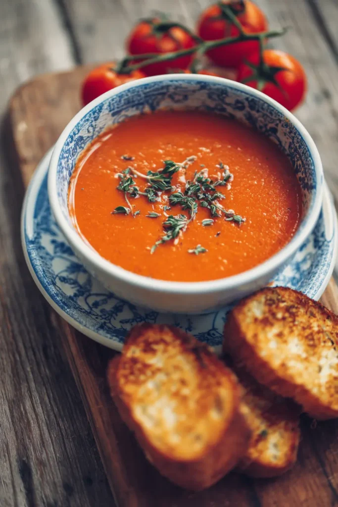 Creamy gluten free tomato soup in a rustic bowl