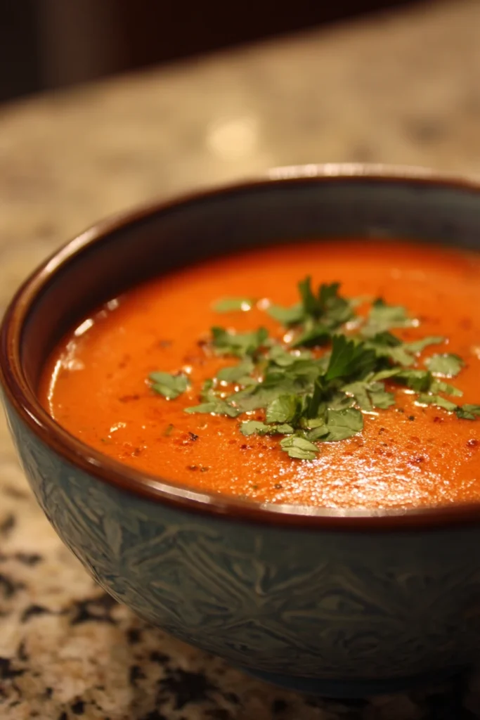 Creamy gluten free tomato soup in a rustic bowl