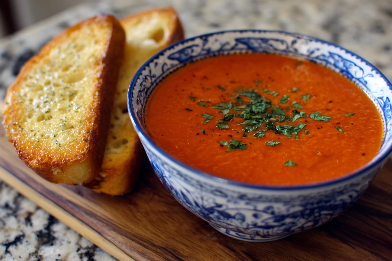 Creamy gluten free tomato soup in a rustic bowl