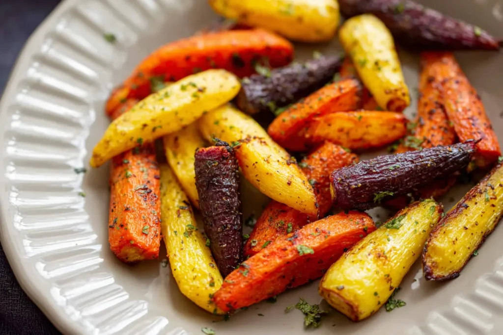 Rainbow carrots served with steak and potatoes