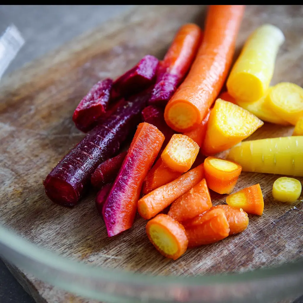 Chopped rainbow carrots with olive oil and herbs