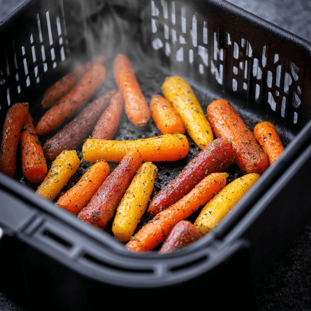 Carrots cooking in air fryer basket