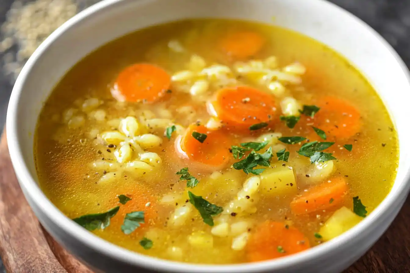 Hero shot of Italian Penicillin Soup with chicken, pasta, and vegetables in a rustic bowl.