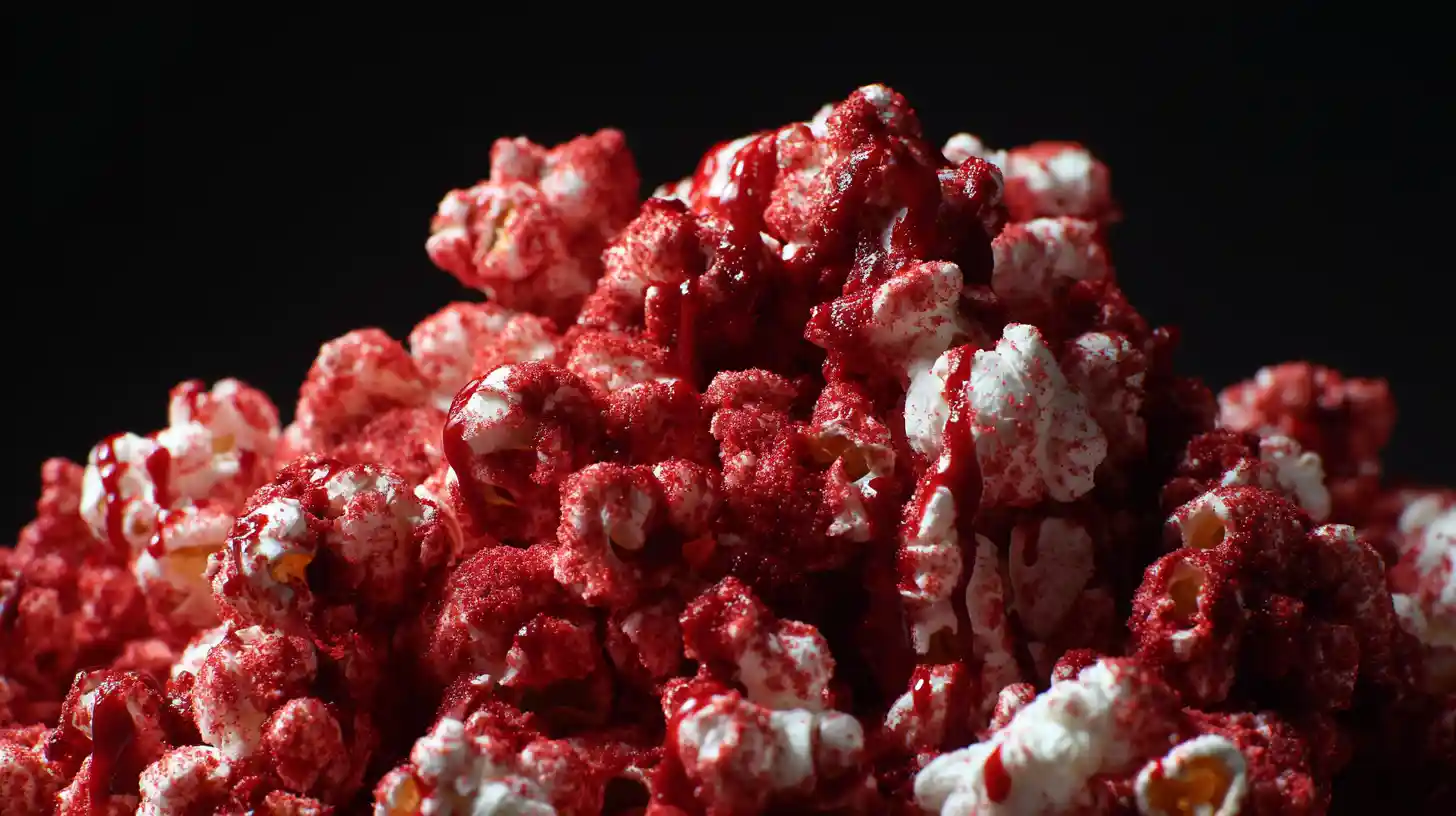 Bowl of bloody red velvet popcorn coated in white chocolate and cake mix