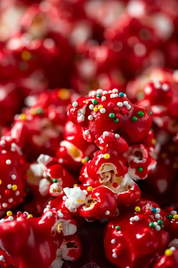 Close-up of red velvet popcorn with sprinkles on parchment paper