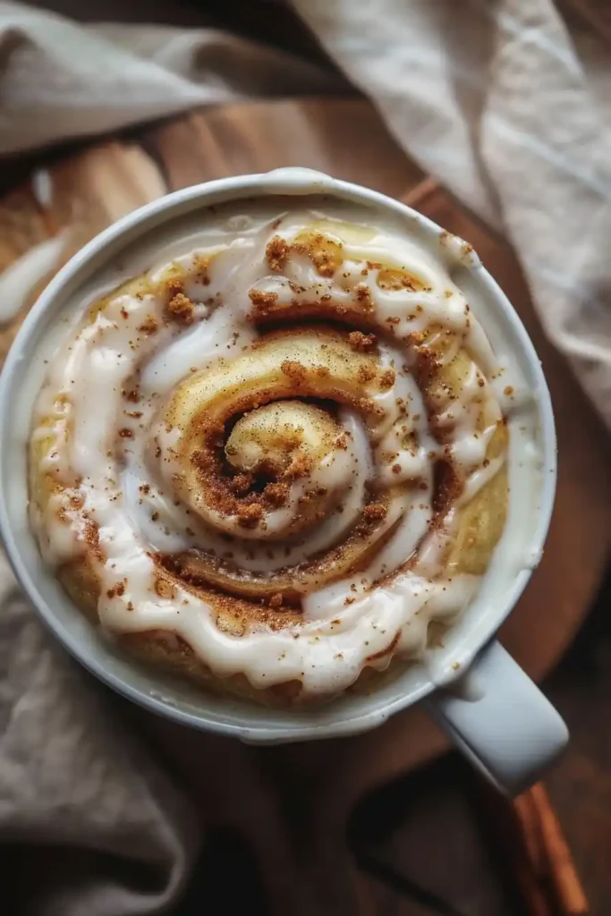 Gluten-free cinnamon roll in a white mug drizzled with sugar glaze