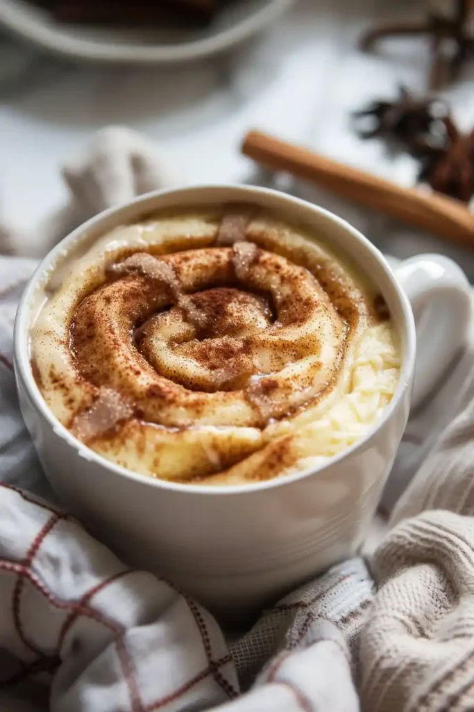 Gluten-free cinnamon roll in a white mug drizzled with sugar glaze
