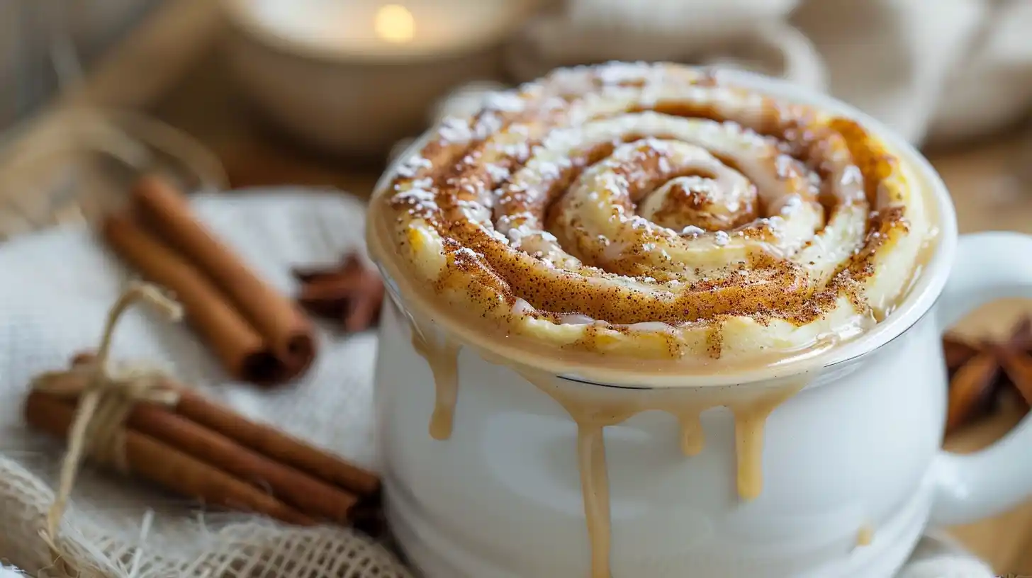 Gluten-free cinnamon roll in a white mug drizzled with sugar glaze