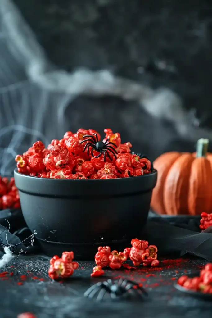 Spooky Halloween setup with bloody red velvet popcorn and pumpkins