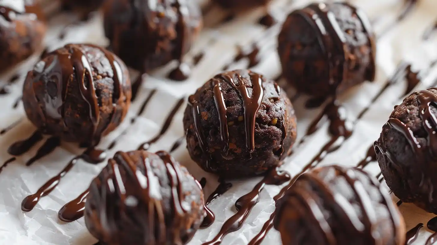 Healthy brownie protein bites arranged on parchment paper with chocolate drizzle