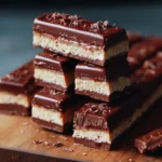 Homemade Kit Kat bars cut into neat pieces on a wooden board.
