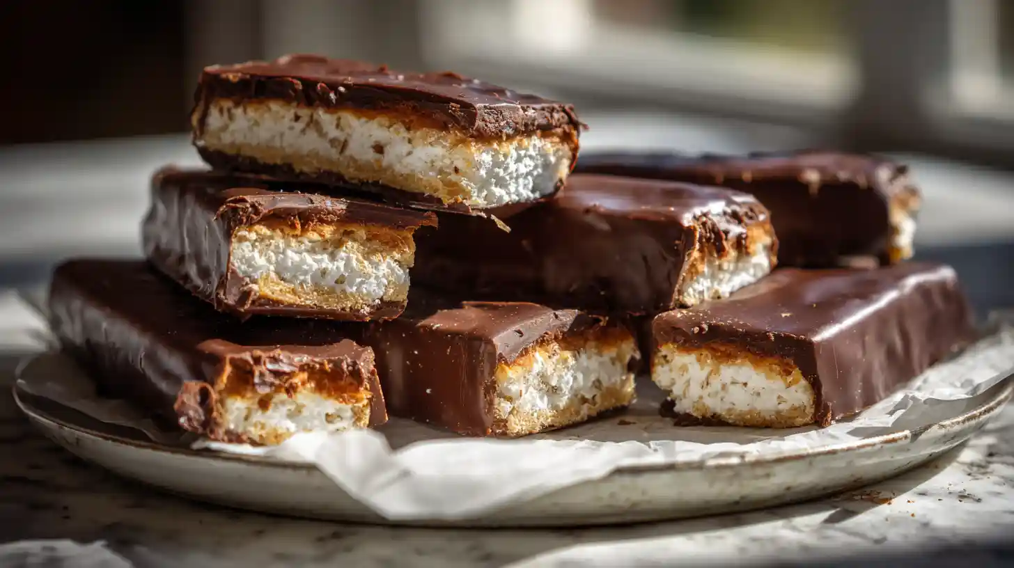 Homemade Kit Kat bars cut into neat pieces on a wooden board.