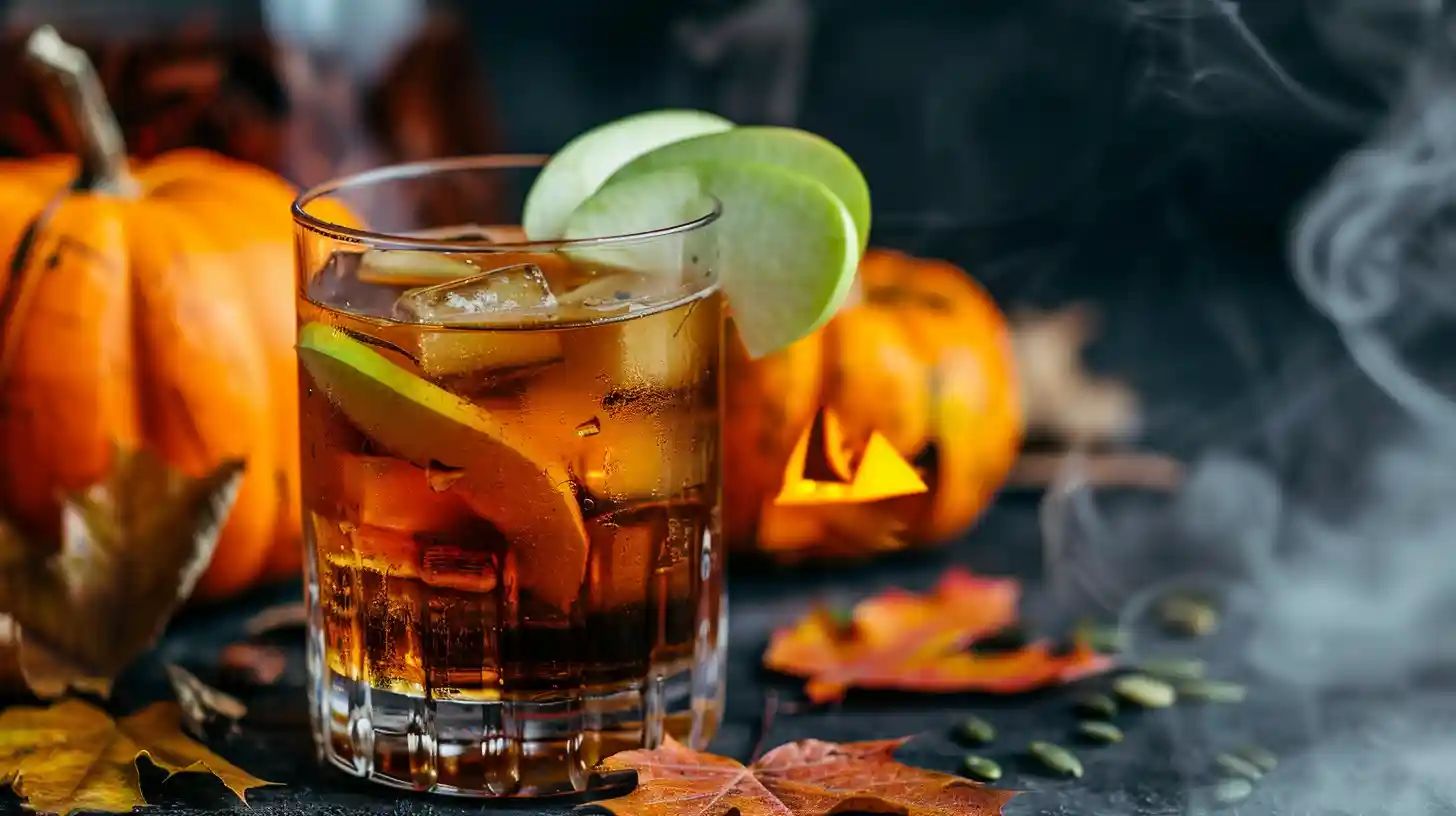 Poisoned apple cider cocktail in a glass garnished with green apple slices