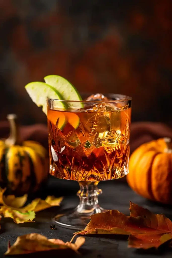 Poisoned apple cider cocktail in a glass garnished with green apple slices