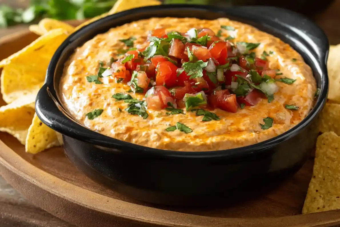 Cream Cheese Salsa Dip served in a bowl with tortilla chips on the side